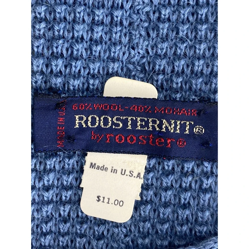 VTG Roosternit by Rooster Blue Wool Mohair Knit Tie Skinny Square End 51x2.5